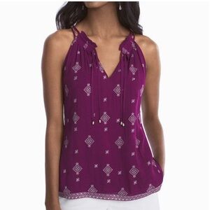 WHBM Gypsy Embellished Top Plum Sleeveless Halter Embroidered w/ Tassel Tie S